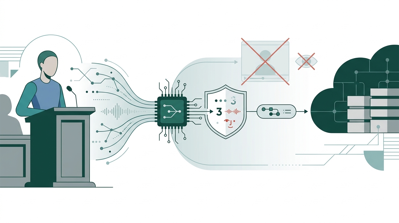 On-device, a testimony becomes a compact digest behind a privacy shield; only that digest reaches the cloud.